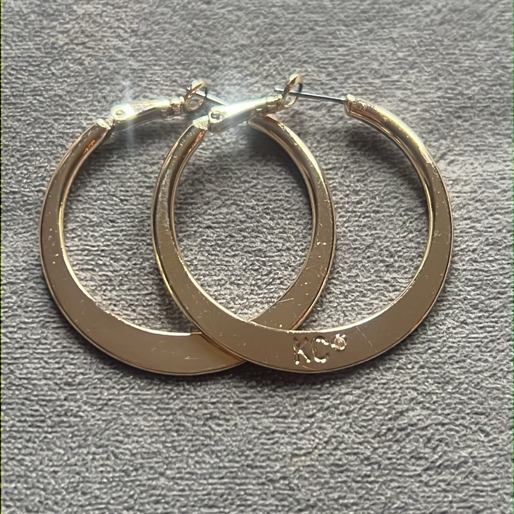 1.25” Gold Hoop Earrings Branded “Kc” Designer High Quality